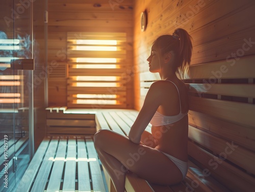 Young woman relaxing on wooden bench in infrared sauna