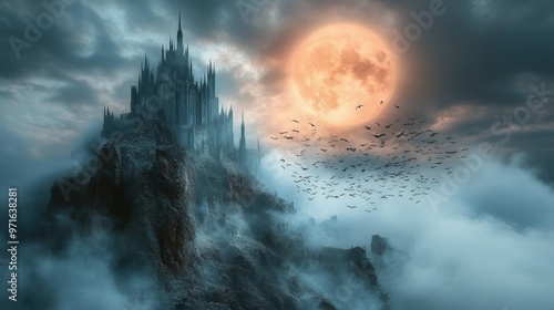 Spooky old medieval castle: Ancient eerie castle on mountain, swarm of bats and full moon behind. Halloween, horror, fairytale background concept. 