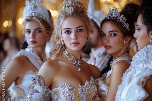 The court of Marie Antoinette at Versailles, with elegant court ladies, lavish gowns, and the extravagance of royal life before the fall of the monarchy