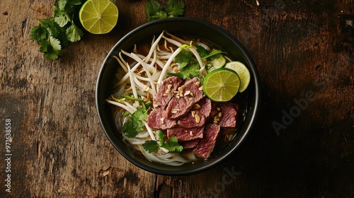 A bowl of pho with beef, bean sprouts, lime, and cilantro on a rustic wooden table.