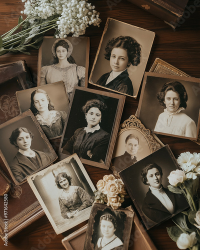 Antique Photographs of Women from Early 1900s with Floral Decor and Sepia Tones