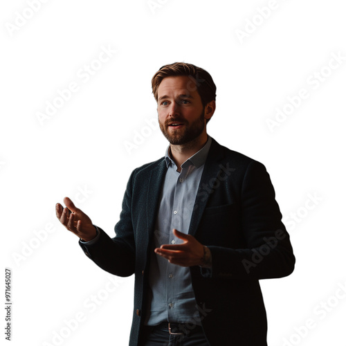 Man in a suit gesturing with hands, expressing himself while speaking