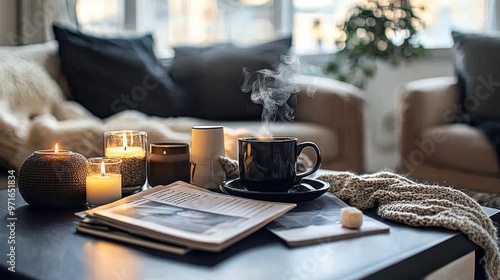 A coffee table in a cozy lounge area, with magazines, candles, and a steaming coffee cup