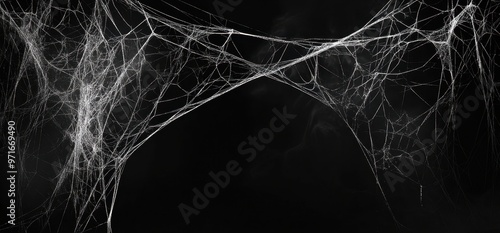 Black background with white spider webs, hanging from the left and right sides of the screen The webs are thin and long Generative AI