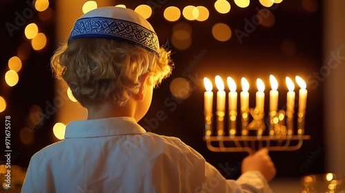 Young boy with a kippah on his head lights a menorah to celebrate hanukkah