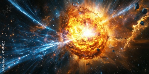 Explosive neutron star collision creating a vibrant kilonova with colorful shockwaves and jets