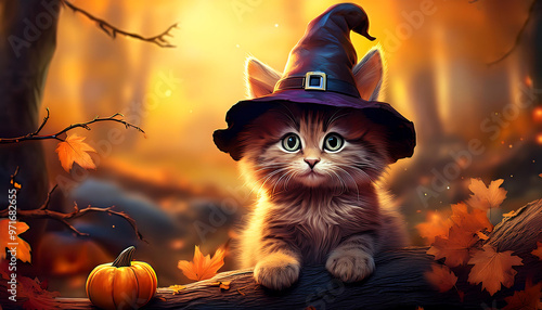  Cute cat wearing a witch hat, sitting on a log in an autumn forest, perfect for a whimsical_1(216)