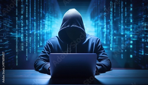 internet security and data protection concept, hacker in dark hoodie hacking into corporate system