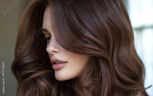 Beautiful woman showcasing deep chestnut brown hair with soft waves against a softly lit background in autumn