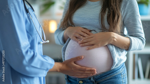 obstetrician gently touches a pregnant belly, symbolizing care and support. The image conveys the deep emotional connection and sensitivity surrounding pregnancy and related issues