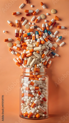 prescription pill overload scattered medicine capsules symbolizing opioid addiction crisis conceptual 3d illustration