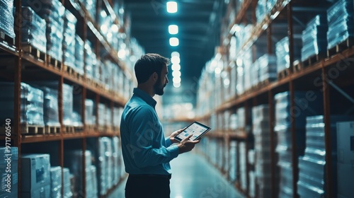 A logistics manager stands in a large warehouse, concentrating on a tablet that displays inventory data, surrounded by shelves filled with packaged goods