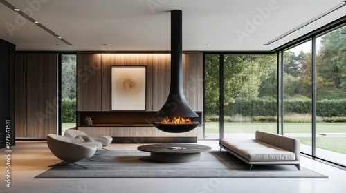 This ultramodern living room showcases a stunning suspended fireplace, minimalist furniture, and captivating abstract art within an airy, open layout filled with natural light