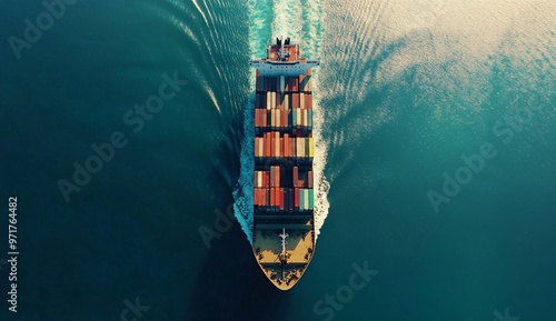 Large cargo ship navigating through open waters while transporting colorful shipping containers in daylight