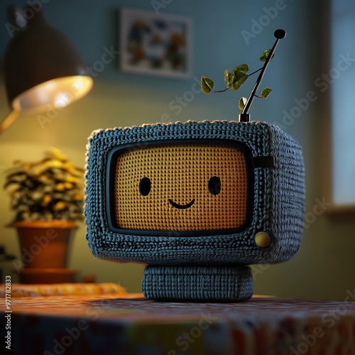 Cute retro TV with a smiling face and plant growing on the antenna