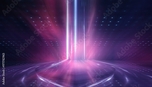 Dark abstract background. Empty neon stage with rays.