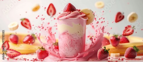 Vibrant and Tempting Strawberry Banana Smoothie Dripping with Luscious Creamy Texture and Splashes of Vivid Color on a Clean White Background