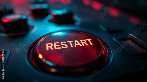 This image depicts a close-up view of a glowing restart button on an electronic device, featuring a vibrant background that highlights the importance of resetting technology.