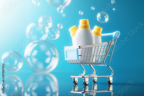 Small shopping cart on shiny surface, blue background with floating bubbles. Contains two white bottles with yellow caps, reminiscent of detergent or cleaning products