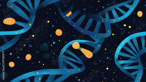 Scientific health illustration showcasing genetics and heredity with DNA helices symbolizing human genetic variations and mutations contributing to evolutionary progress