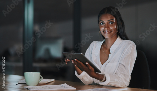 Night, tablet and portrait with business woman in office for network, communication or administration. Auditor, processing clerk and online report with person in agency for system record and feedback