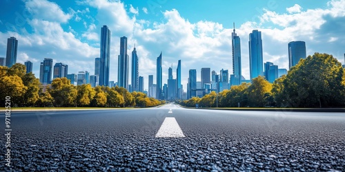 A modern cityscape with a clear highway leading to tall skyscrapers under a bright blue sky, perfect for urban design, architecture, and real estate photography,