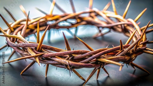 A close-up shot of a circlet of thorns reveals a sharp, densely woven arrangement of overlapping stems, the