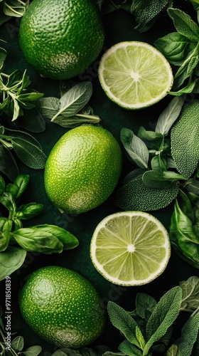 A business card displays a close-up of fresh limes and herbs against a lively background, emphasizing natural ingredients and freshness