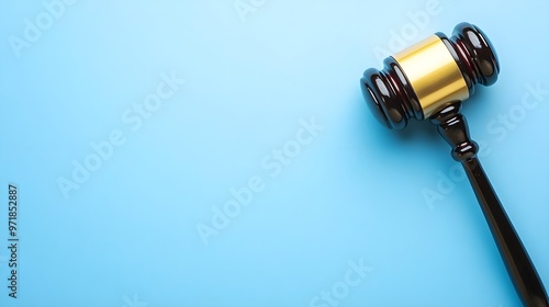 A professional wooden gavel resting on a vibrant blue background, symbolizing justice and law.