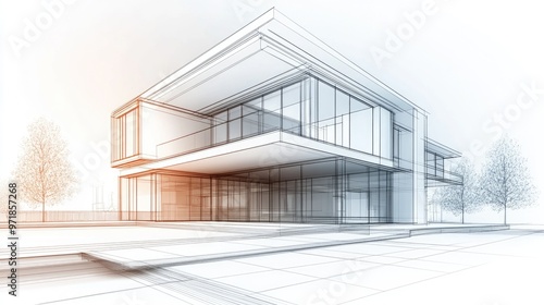 Line art illustration featuring a conceptual sketch of architectural design for a house building in 3D