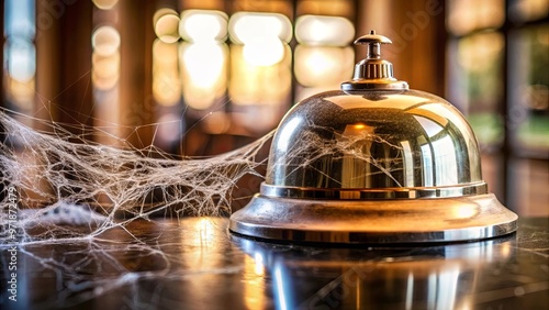 Detailed close-up of cobwebs clinging to a hotel concierge bell