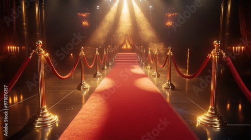 A grand, luxurious red carpet pathway illuminated by dramatic spotlight.