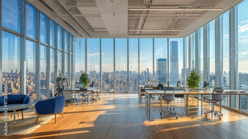 Wide-angle view of an open-plan office in a high-rise building, featuring panoramic cityscape through floor-to-ceiling windows.