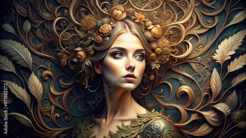 Delicate tendrils of ornate foliage entwine an elegant female figure, surrounded by intricate curvilinear patterns, and opulent flourishes, evoking a sense of luxury and sophistication.