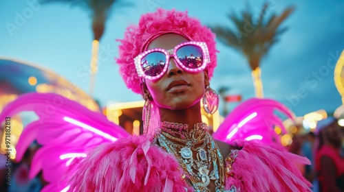 A festival goer showcases a colorful costume with illuminated wings while enjoying a whimsical atmosphere during twilight