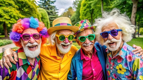 Elderly gentlemen with wild hair and bushy eyebrows wear colorful outfits, oversized sunglasses, and flamboyant hats, exuding playful, eccentric, and whimsical personalities in a park setting.