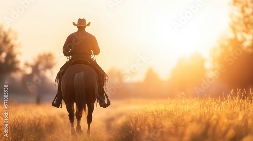 A cowboy confidently rides his horse across a sunlit landscape, immersed in the warm glow of a breathtaking sunset