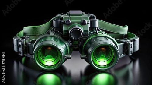 High-tech, futuristic night vision goggles on a black background, illuminated green lenses and adjustable straps, conveying stealth, surveillance, and advanced military technology.