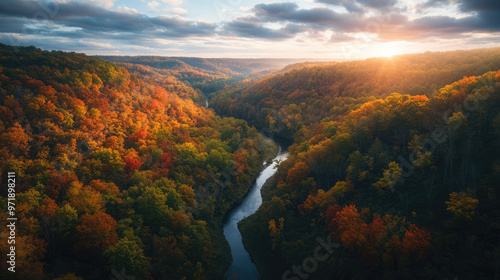 A river runs through a forest with trees in autumn colors