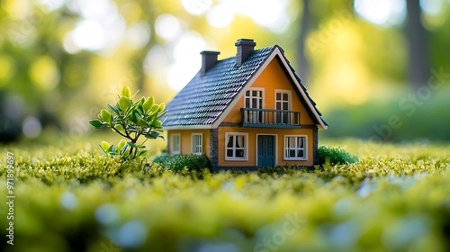 miniature toy house in grass close up spring natural background ymbol of family mortgage construction rental property concept Eco Friendly home spring season template for design copy s : Generative AI