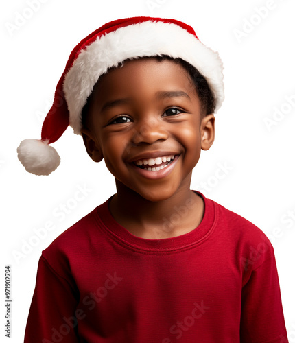 African american smiling young boy in santa hat celebrating christmas season isolated on transparent. 