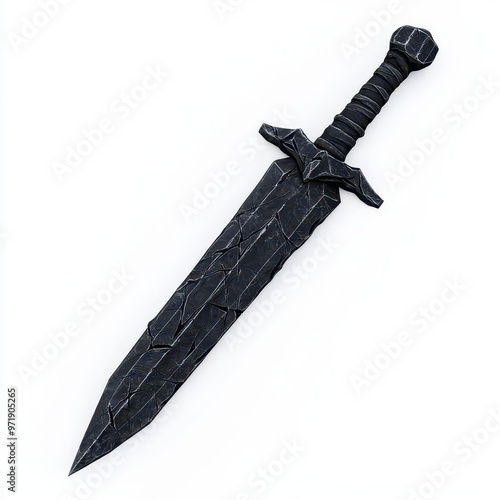 A cursed dagger with glowing dark energy, dark fantasy weapon, 3D render, black metal, isolated on white background