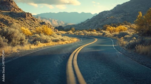 Empty road Highway 120 curving around corner near Mono Lakes : Generative AI