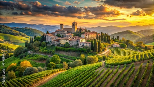 Scenic countryside landscape of rolling hills, lush green vineyards, and ancient stone buildings in the picturesque Tuscan town of Firenzuola, Italy at sunset.