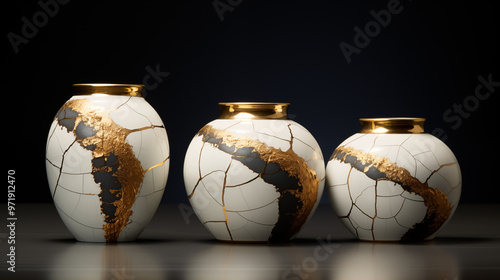 Set of Three Cracked Ceramic Vases with Gold Accents