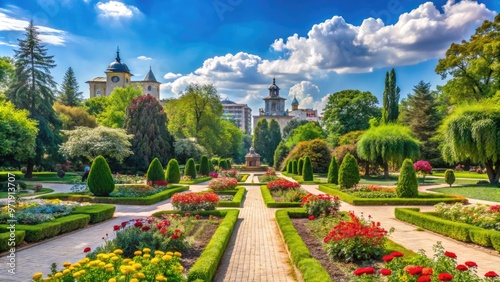 Serenene Cismigiu Gardens in Bucharest, Romania, featuring historic monuments, walking paths, and lush greenery surrounded by vibrant flowers and towering trees under a clear blue sky.