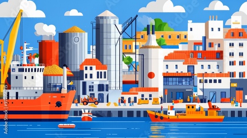 Colorful industrial seaport with ships, cranes, and containers, representing global trade and transportation