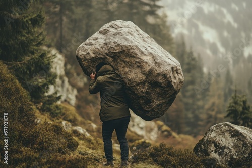 Man carrying massive boulder in mountain landscape