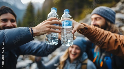 A group of friends sharing a toast with water bottles after a long hike, each hand raised in triumph and smiles on their faces