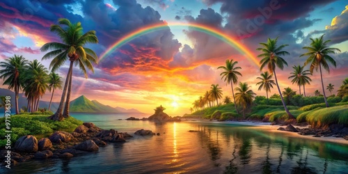 Vibrant illustration of a tropical Hawaiian island featuring lush greenery, swaying palm trees, and a majestic rainbow-colored sunset over a tranquil ocean landscape.